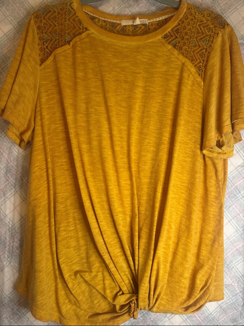 Rewind Mustard Yellow Short Sleeve Lace-Yoke Tie Front Top